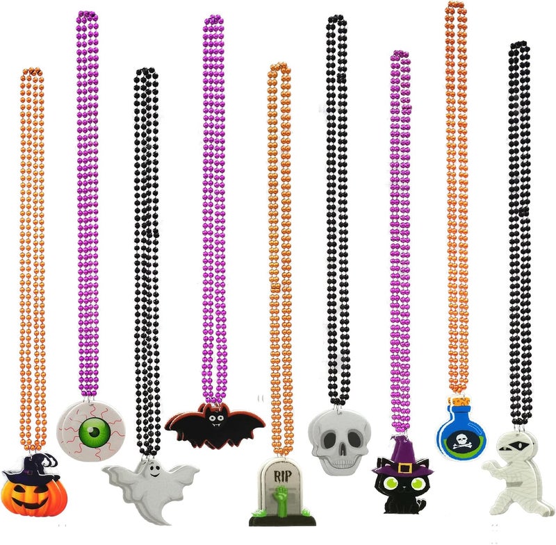 Becfupo 18Pcs Halloween Bead Necklaces, Purple Orange Black Beaded Necklaces With Pumpkin Ghost Pendants For Halloween Party Favors, Halloween Trick or Treat Costume - Image 1